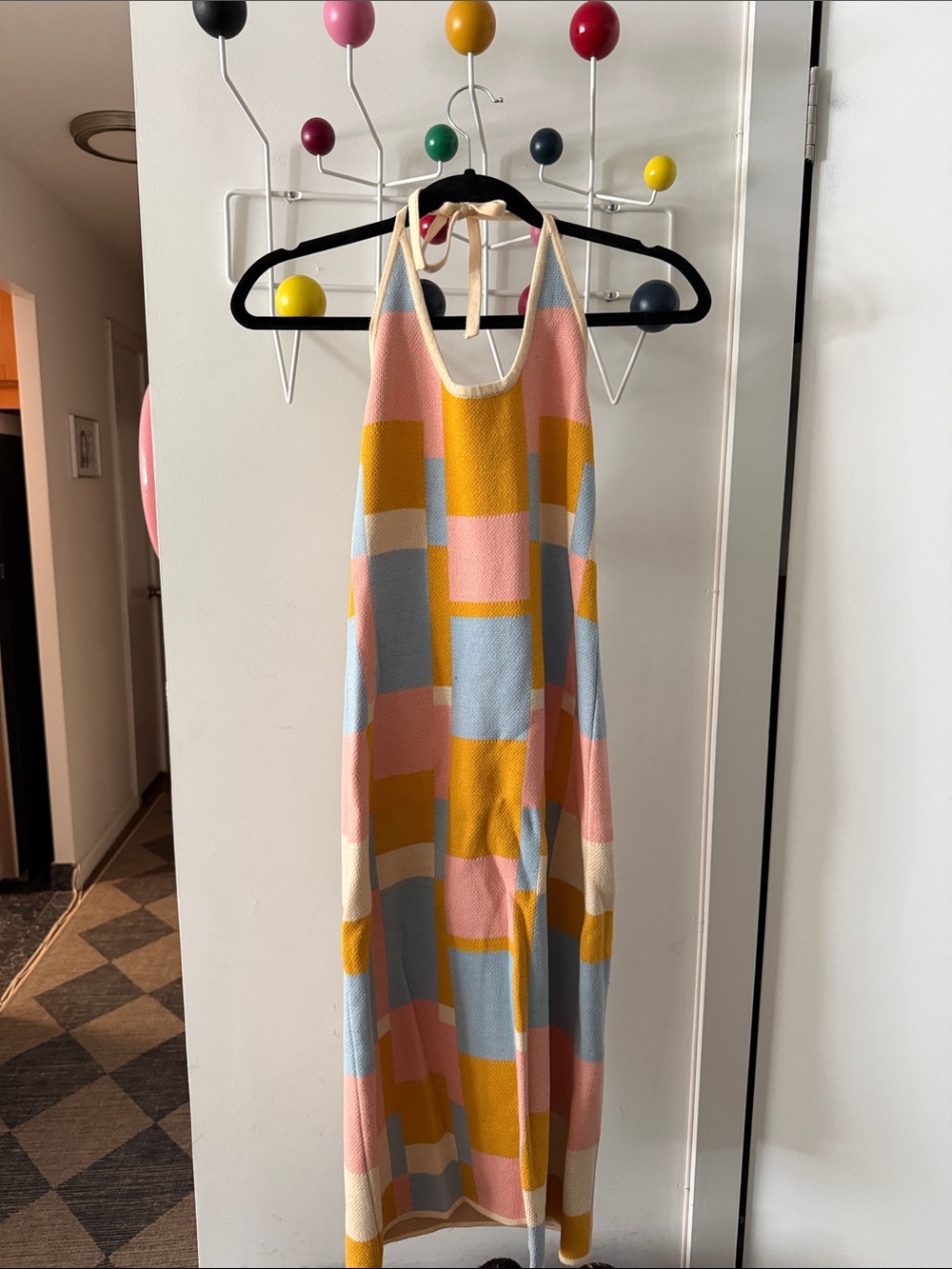 Halter Knit Midi Dress in Pink, Mustard & Blue
